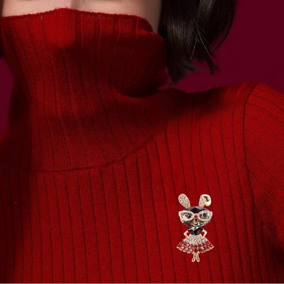 Gold and Red Rhinestone Lady Rabbit Brooch with Crystal Accents - Picture 3 of 7